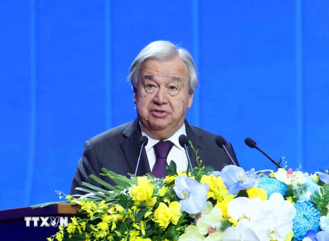   Tổng Thư ký Liên hợp quốc António Guterres phát biểu tại Phiên khai mạc cấp cao Lễ mở ký Công ước Hà Nội. (Ảnh: TTXVN)